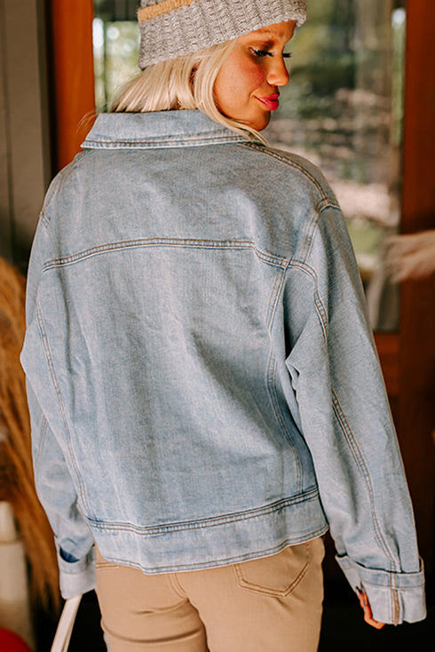 Washed Denim Zip Front Patch Pocket Drop Shoulder Cropped Jacket