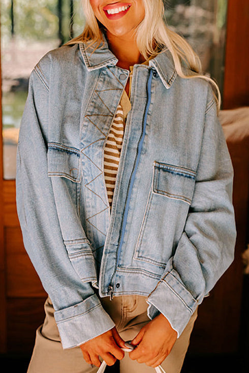 Washed Denim Zip Front Patch Pocket Drop Shoulder Cropped Jacket