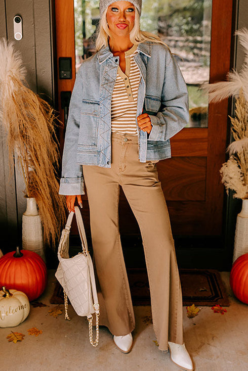 Washed Denim Zip Front Patch Pocket Drop Shoulder Cropped Jacket