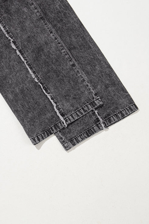 Washed Frayed Exposed Seam Wide Leg Denim Overall Jumpsuit