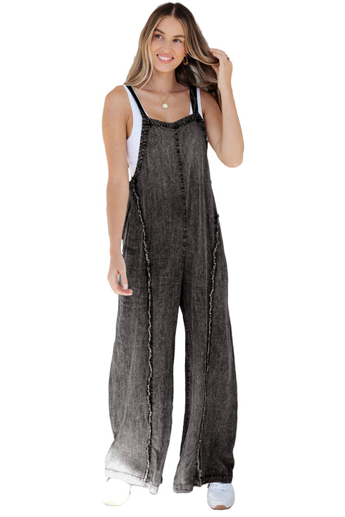 Washed Frayed Exposed Seam Wide Leg Denim Overall Jumpsuit