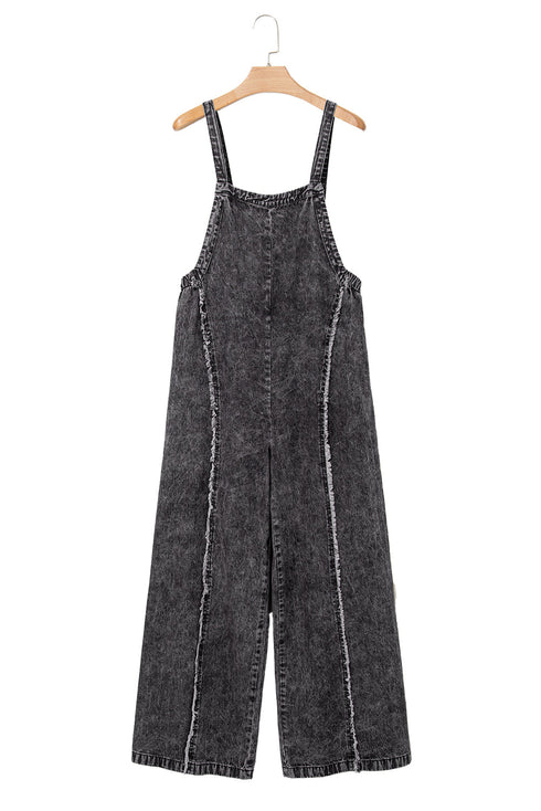 Washed Frayed Exposed Seam Wide Leg Denim Overall Jumpsuit