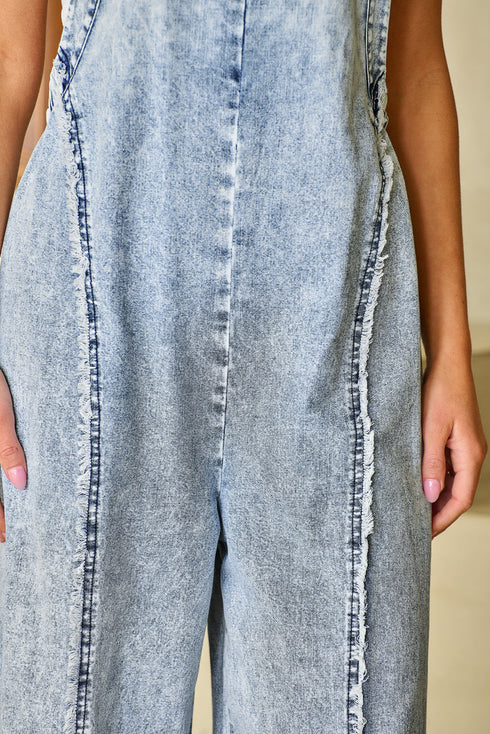 Washed Frayed Exposed Seam Wide Leg Denim Overall Jumpsuit