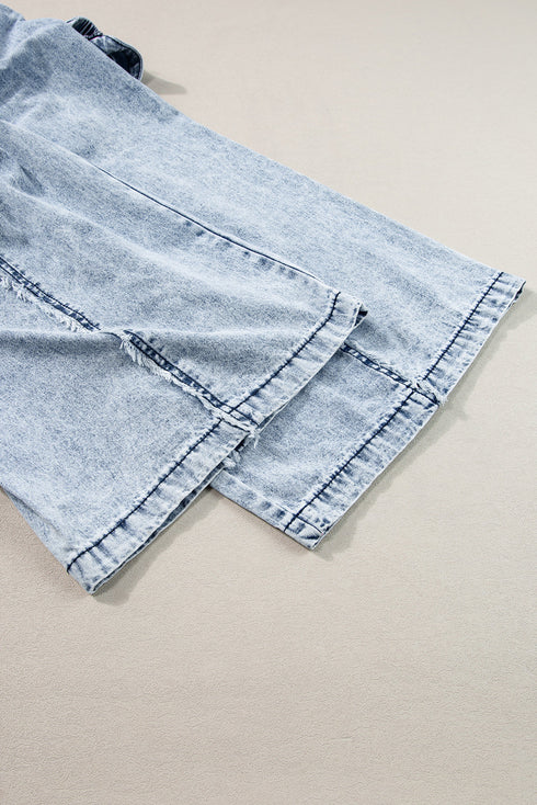 Washed Frayed Exposed Seam Wide Leg Denim Overall Jumpsuit