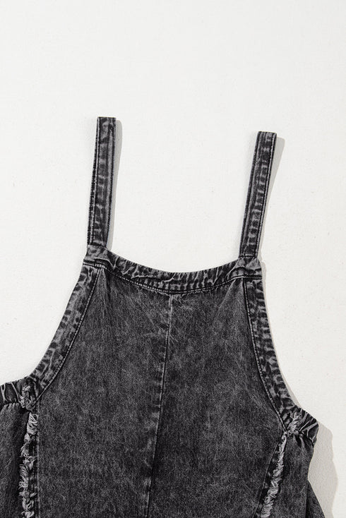 Washed Frayed Exposed Seam Wide Leg Denim Overall Jumpsuit