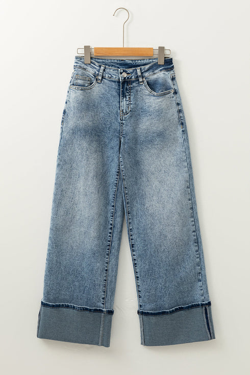 Washed High Rise Button Zip Fly Wide Leg Jeans