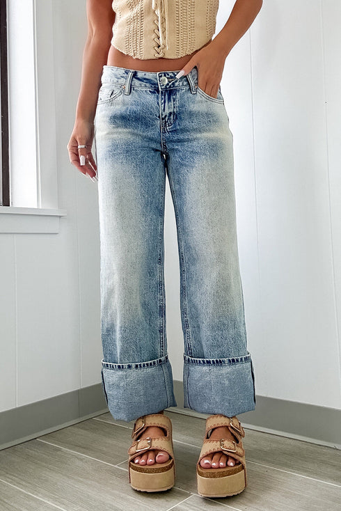 Washed High Rise Button Zip Fly Wide Leg Jeans