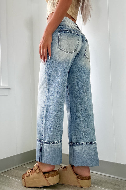 Washed High Rise Button Zip Fly Wide Leg Jeans