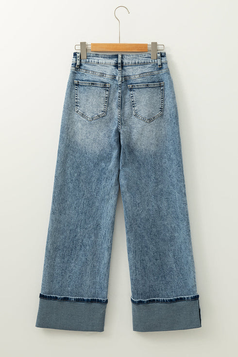 Washed High Rise Button Zip Fly Wide Leg Jeans