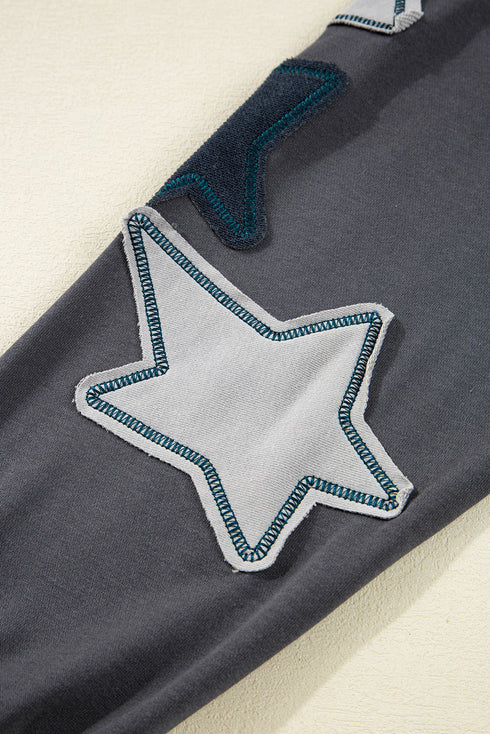 Washed Knit Star Patch Sleeve Oversized Hoodie