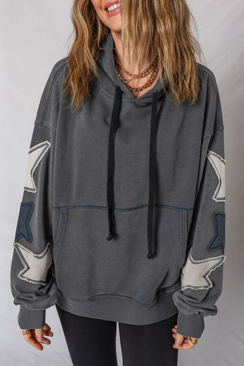 Washed Knit Star Patch Sleeve Oversized Hoodie