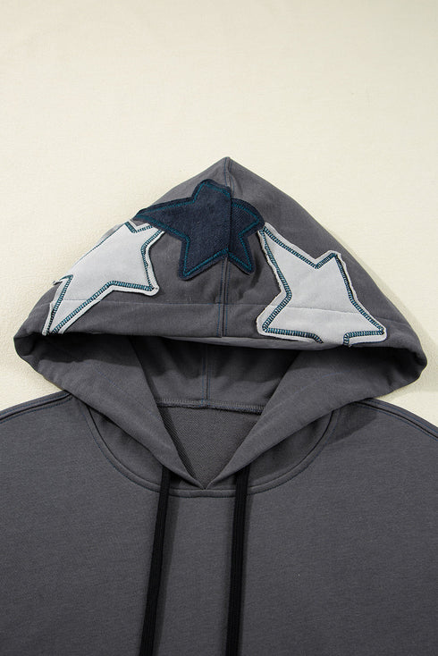 Washed Knit Star Patch Sleeve Oversized Hoodie