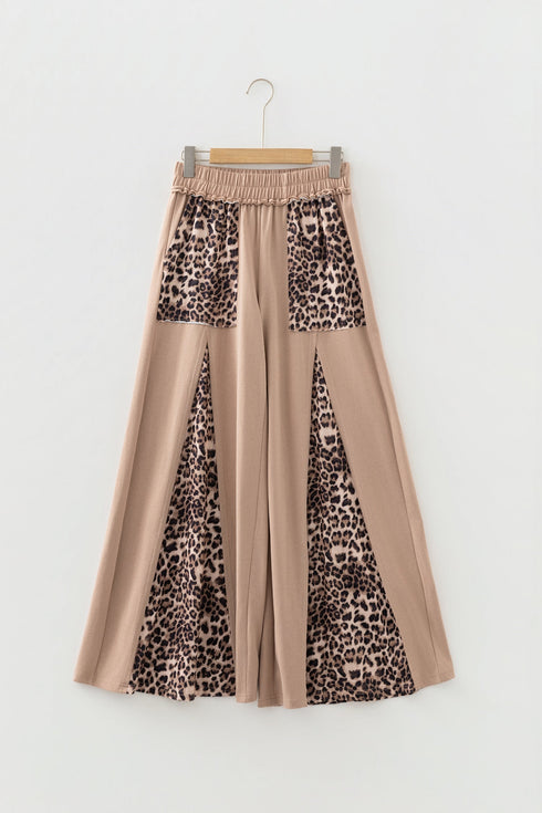 Washed Leopard Print Patchwork Wide Leg Pants