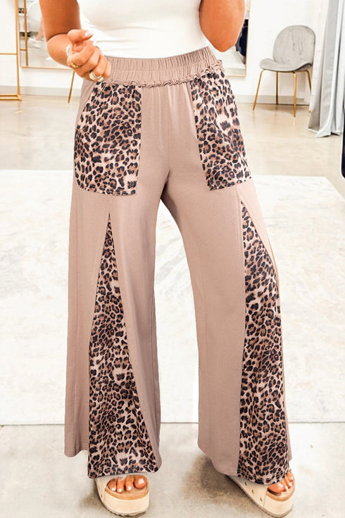 Washed Leopard Print Patchwork Wide Leg Pants