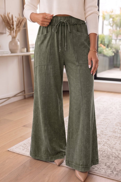 Washed Seam Detail Flare Leg Drawstring Pants