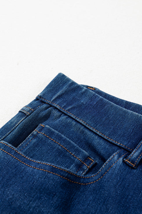 Washed Stretchy Knit Denim Multiple Pocket Straight Leg Jeans