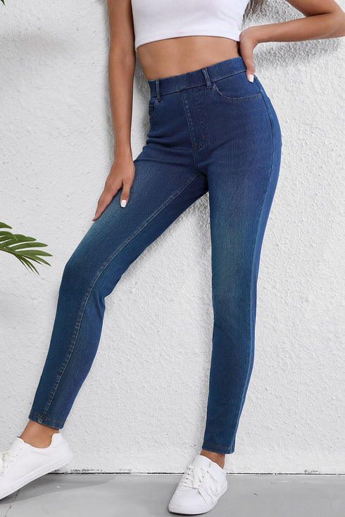 Washed Stretchy Knit Denim Multiple Pocket Straight Leg Jeans