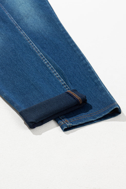 Washed Stretchy Knit Denim Multiple Pocket Straight Leg Jeans