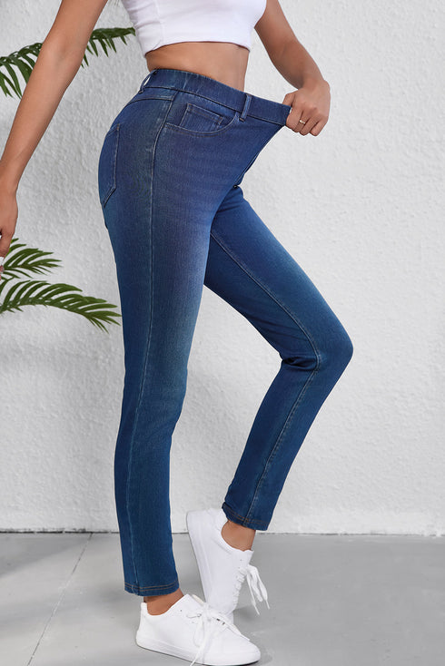 Washed Stretchy Knit Denim Multiple Pocket Straight Leg Jeans