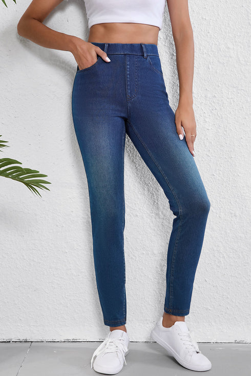 Washed Stretchy Knit Denim Multiple Pocket Straight Leg Jeans