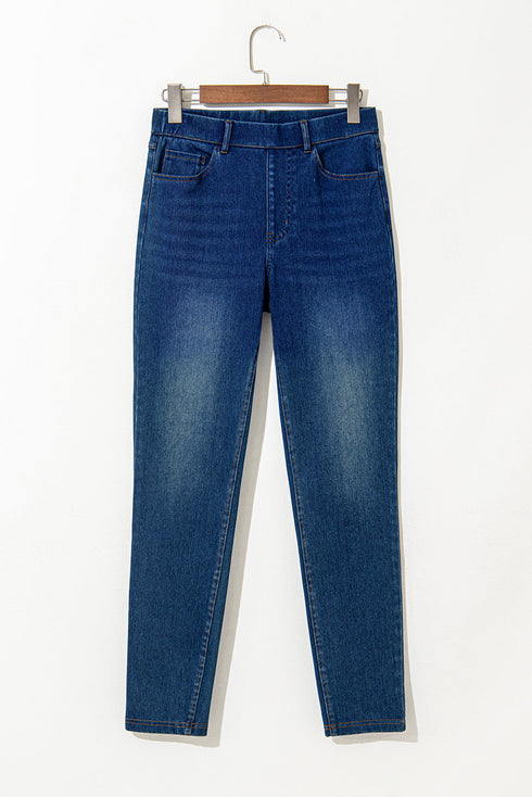 Washed Stretchy Knit Denim Multiple Pocket Straight Leg Jeans