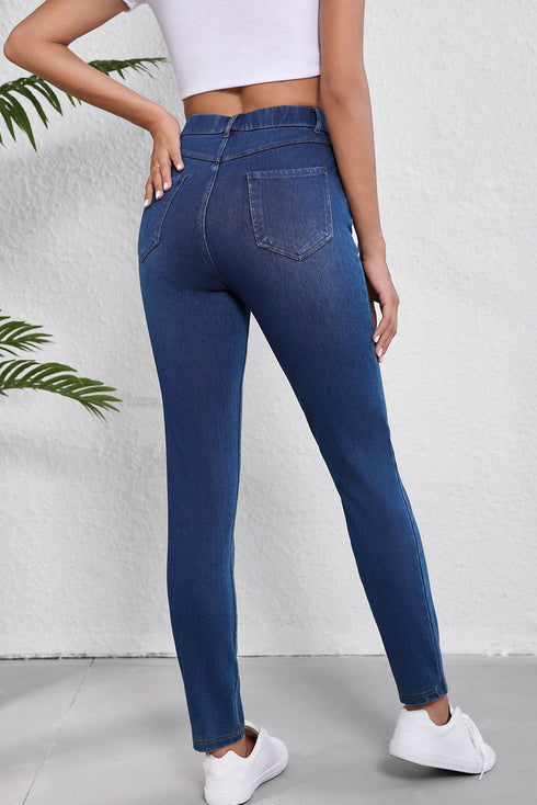 Washed Stretchy Knit Denim Multiple Pocket Straight Leg Jeans