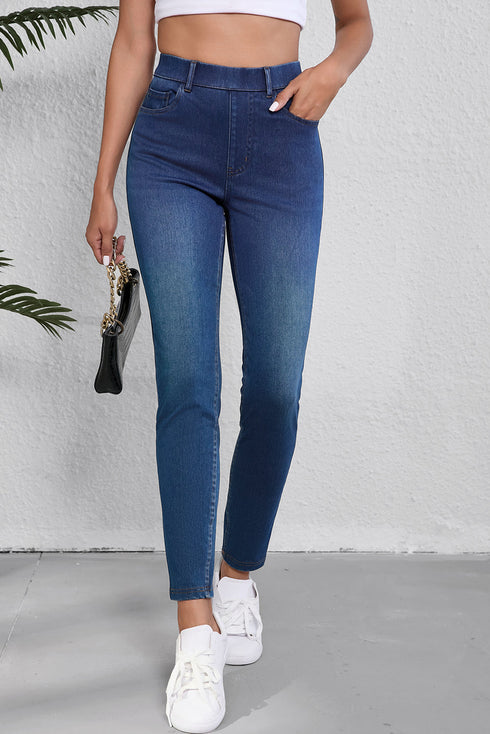 Washed Stretchy Knit Denim Multiple Pocket Straight Leg Jeans