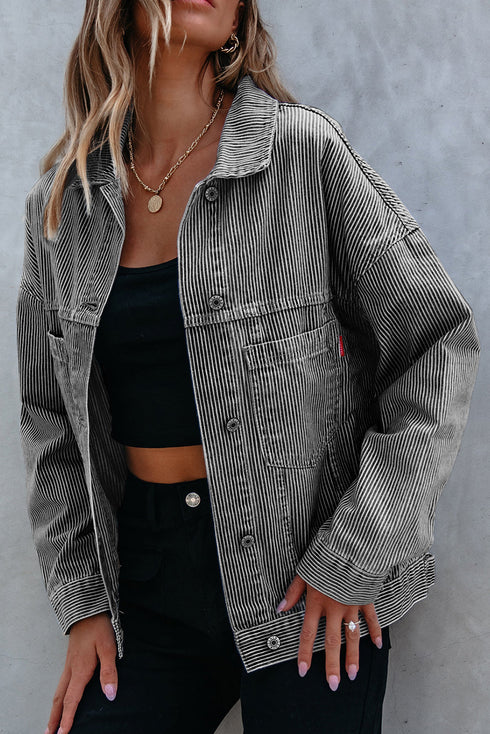 Washed Striped Pattern Casual Pocketed Denim Jacket