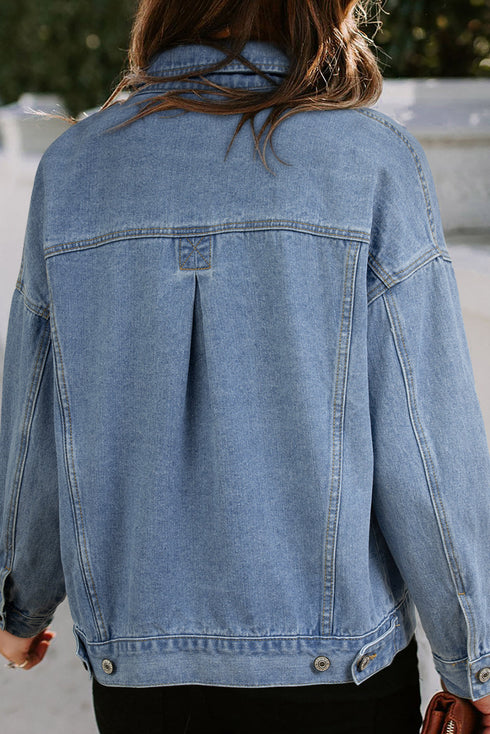 Washed Striped Pattern Casual Pocketed Denim Jacket