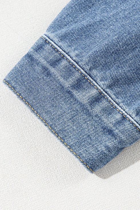 Washed Striped Pattern Casual Pocketed Denim Jacket