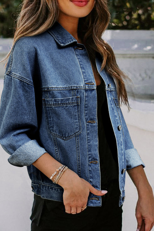 Washed Striped Pattern Casual Pocketed Denim Jacket