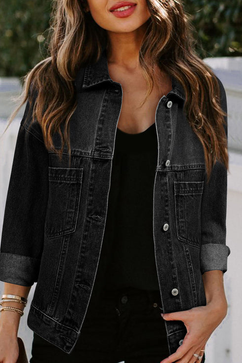 Washed Striped Pattern Casual Pocketed Denim Jacket