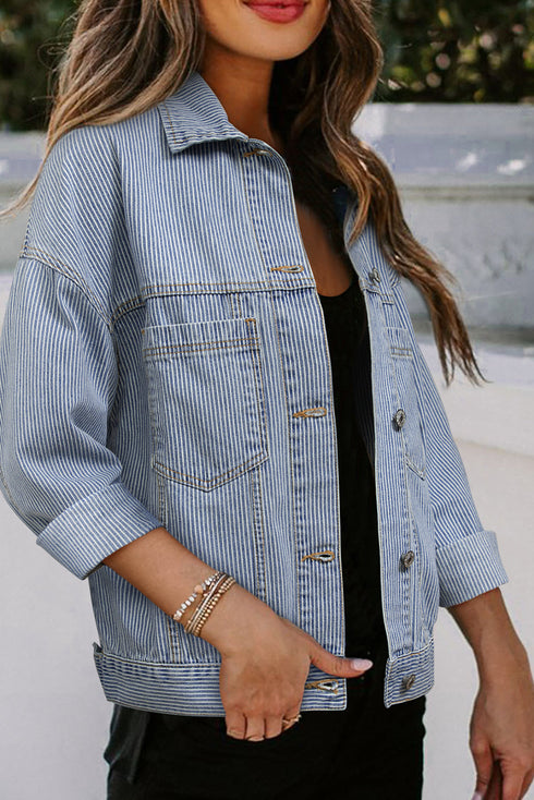 Washed Striped Pattern Casual Pocketed Denim Jacket