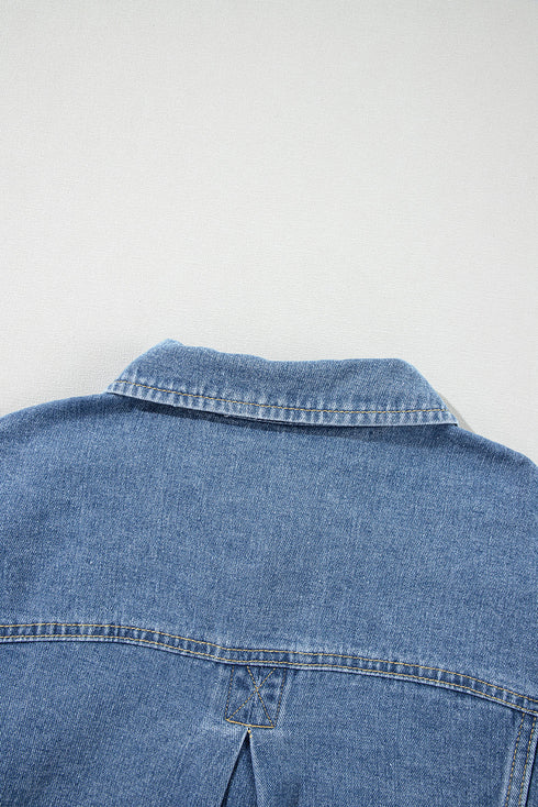 Washed Striped Pattern Casual Pocketed Denim Jacket