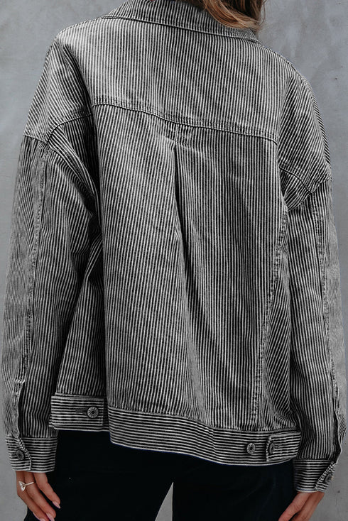 Washed Striped Pattern Casual Pocketed Denim Jacket