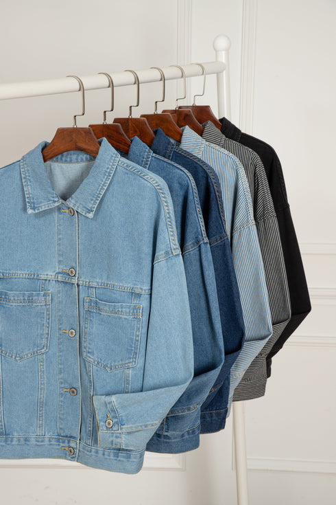 Washed Striped Pattern Casual Pocketed Denim Jacket