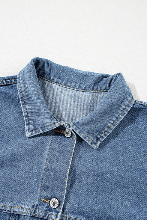Washed Striped Pattern Casual Pocketed Denim Jacket