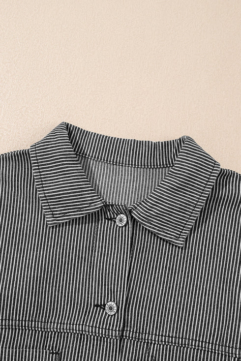 Washed Striped Pattern Casual Pocketed Denim Jacket