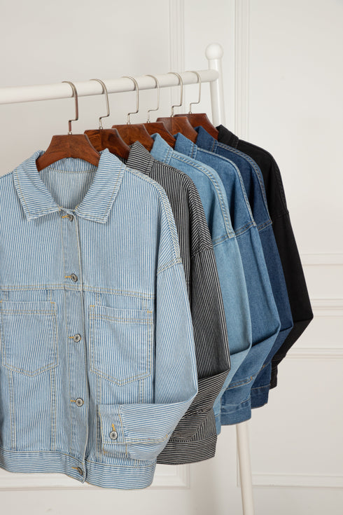 Washed Striped Pattern Casual Pocketed Denim Jacket