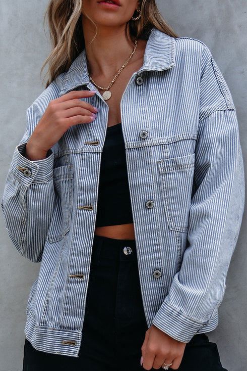 Washed Striped Pattern Casual Pocketed Denim Jacket