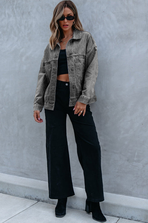 Washed Striped Pattern Casual Pocketed Denim Jacket
