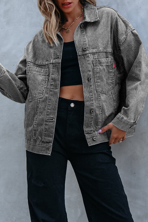 Washed Striped Pattern Casual Pocketed Denim Jacket