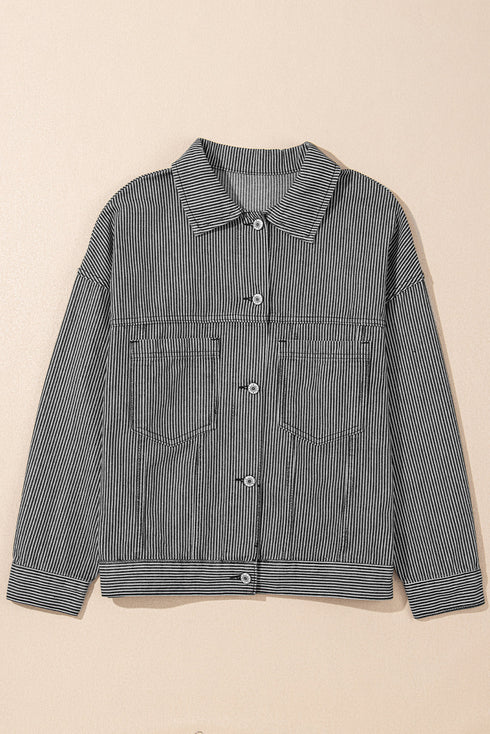 Washed Striped Pattern Casual Pocketed Denim Jacket