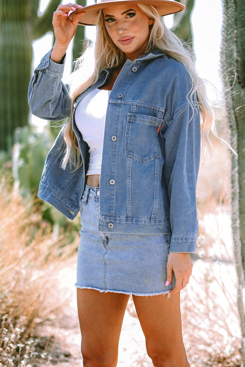 Washed Striped Pattern Casual Pocketed Denim Jacket