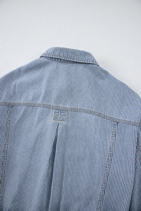 Washed Striped Pattern Casual Pocketed Denim Jacket