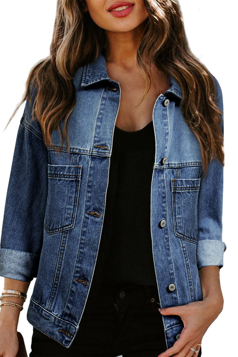 Washed Striped Pattern Casual Pocketed Denim Jacket