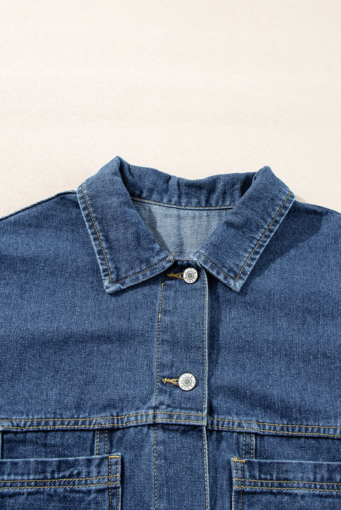 Washed Striped Pattern Casual Pocketed Denim Jacket