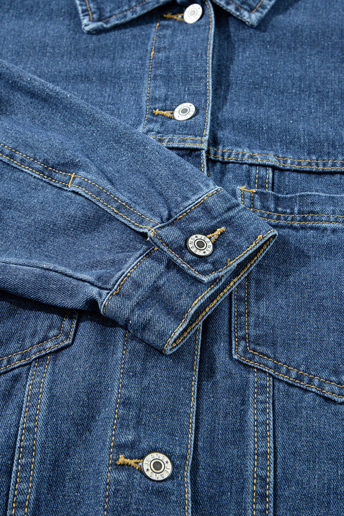 Washed Striped Pattern Casual Pocketed Denim Jacket