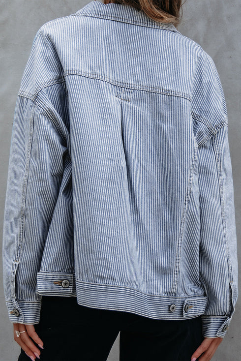 Washed Striped Pattern Casual Pocketed Denim Jacket