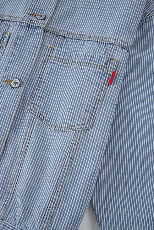 Washed Striped Pattern Casual Pocketed Denim Jacket